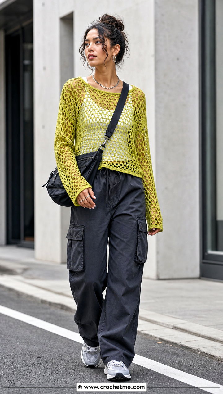 Mesh Crochet Top With Cargo Pants - 30 beginner crochet top outfit ideas