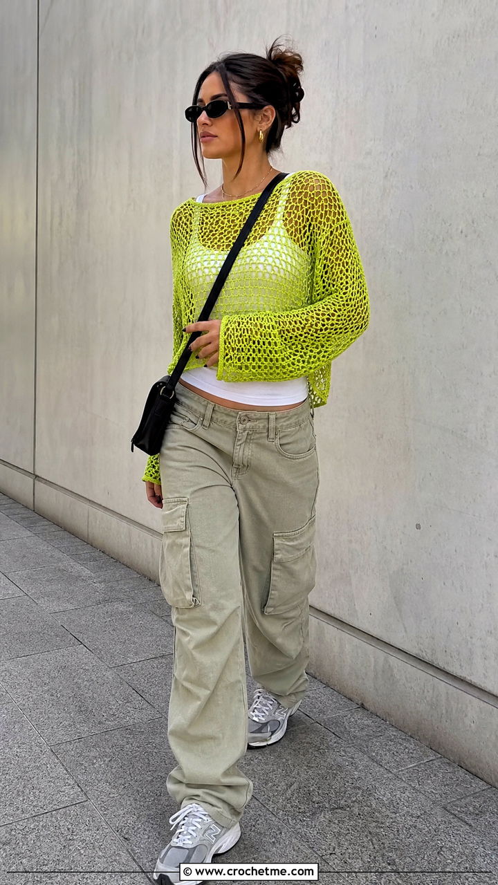 Mesh Crochet Top With Cargo Pants - 35 crochet clothes for women outfit ideas