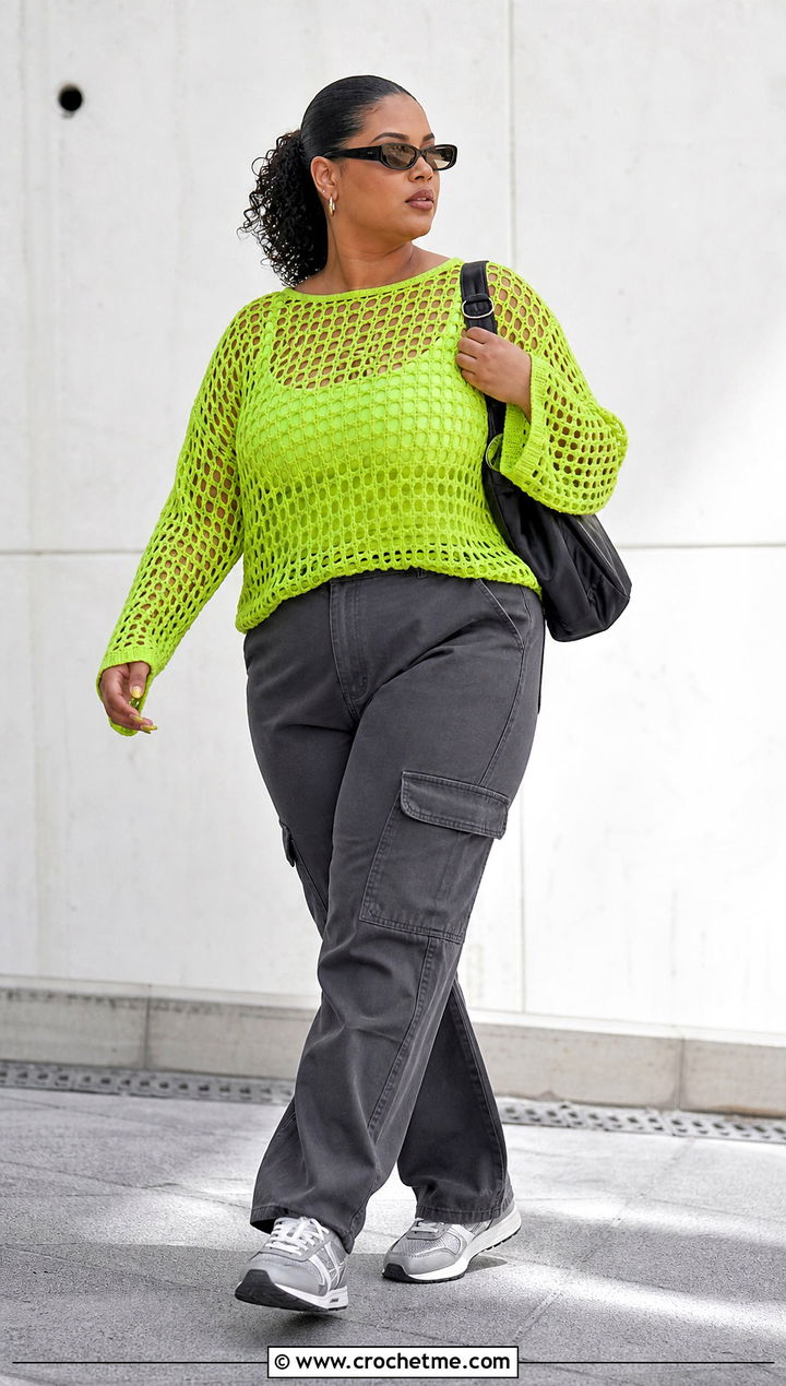 Mesh Crochet Top With Cargo Pants - 25 Xxl Crochet Top outfit ideas