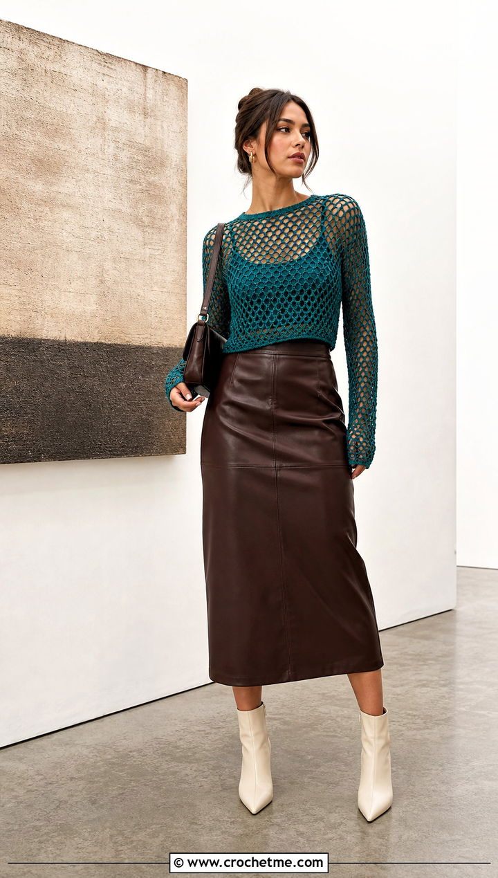 Mesh Crochet Top With Leather Midi Skirt - 25 Fall Crochet Outfit Ideas