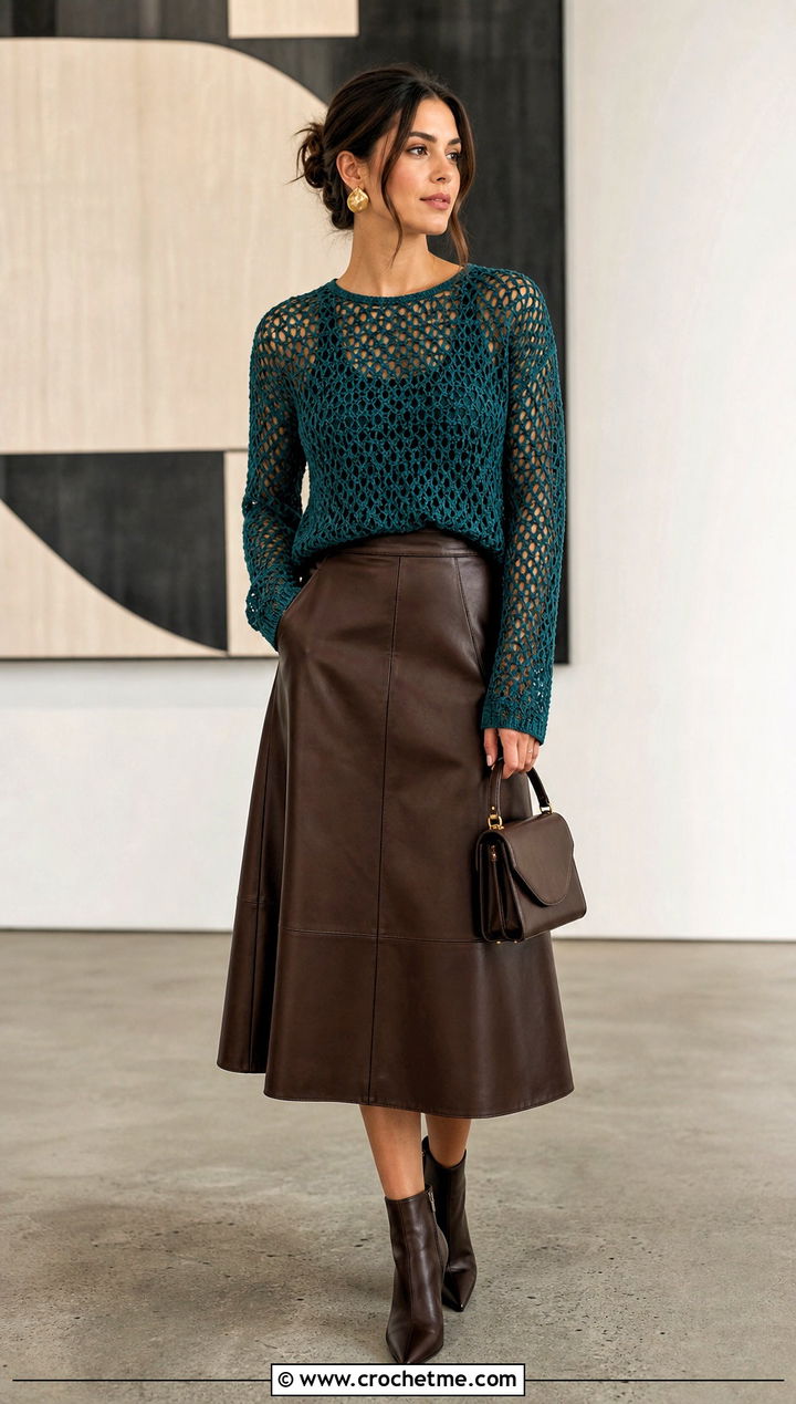 Mesh Crochet Top With Leather Midi Skirt - 30 Fall Crochet Clothes Ideas