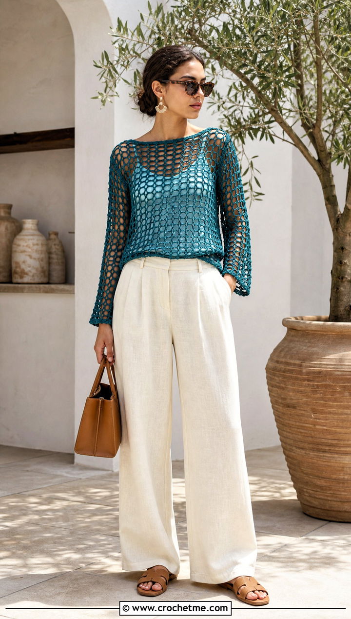 Mesh Crochet Top With Linen Trousers - 35 cute crochet tops summer outfits ideas