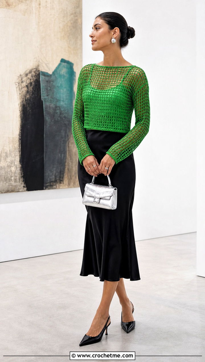 Mesh Crochet Top With Satin Midi Skirt - 35 Women Crochet Top outfit ideas
