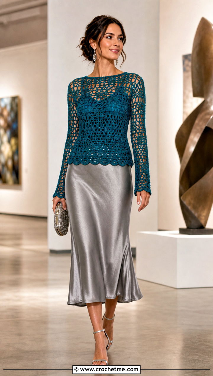 Mesh Crochet Top With Satin Midi Skirt - 30 cute crochet clothing and outfit ideas