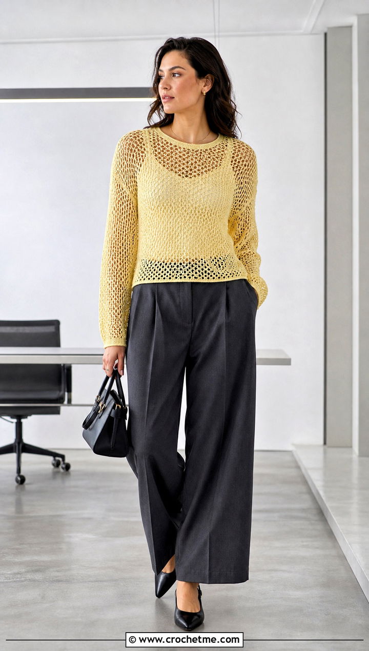 Mesh Crochet Top With Tailored Trousers - 30 outfits to crochet outfit ideas