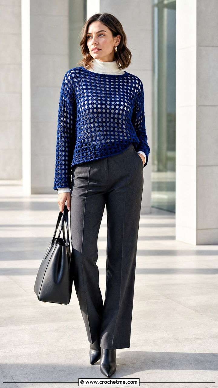 Mesh Crochet Top With Tailored Trousers - 35 crochet fall clothes and outfit ideas