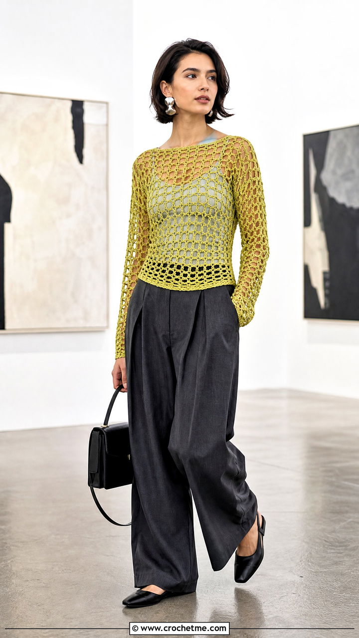 Mesh Crochet Top With Tailored Trousers - 35 styling crochet tops outfit ideas