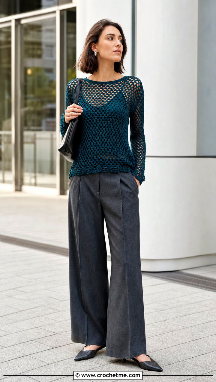 Mesh Crochet Top With Tailored Trousers - 25 cool crochet clothes and outfit ideas