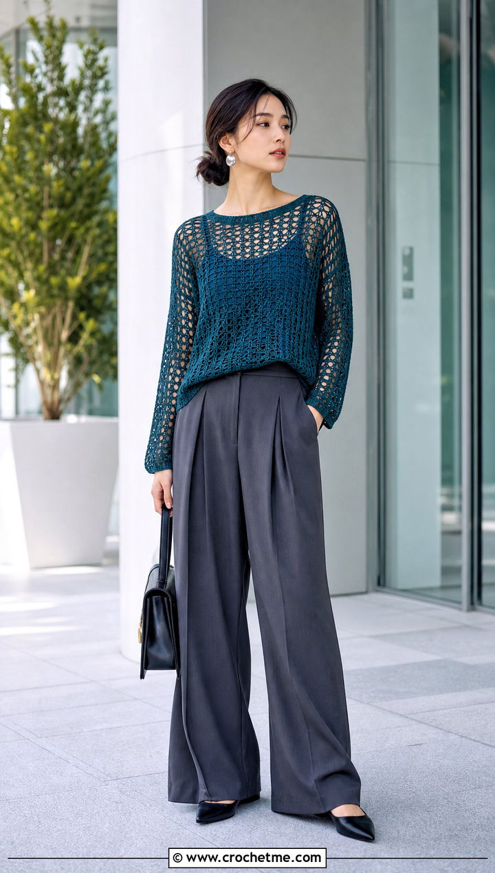 Mesh Crochet Top With Tailored Trousers - 30 korean crochet outfits ideas