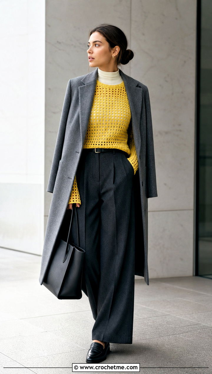 Mesh Crochet Top With Wide Leg Trousers - 35 winter crochet top outfit ideas