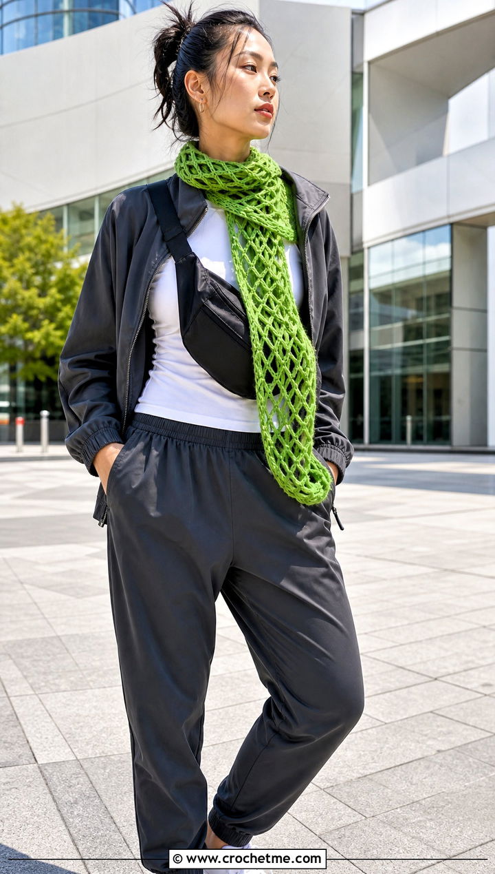 Mesh Crochet Tube Scarf With Track Pants And Sneakers - 20 Crochet Loop Scarf outfit ideas