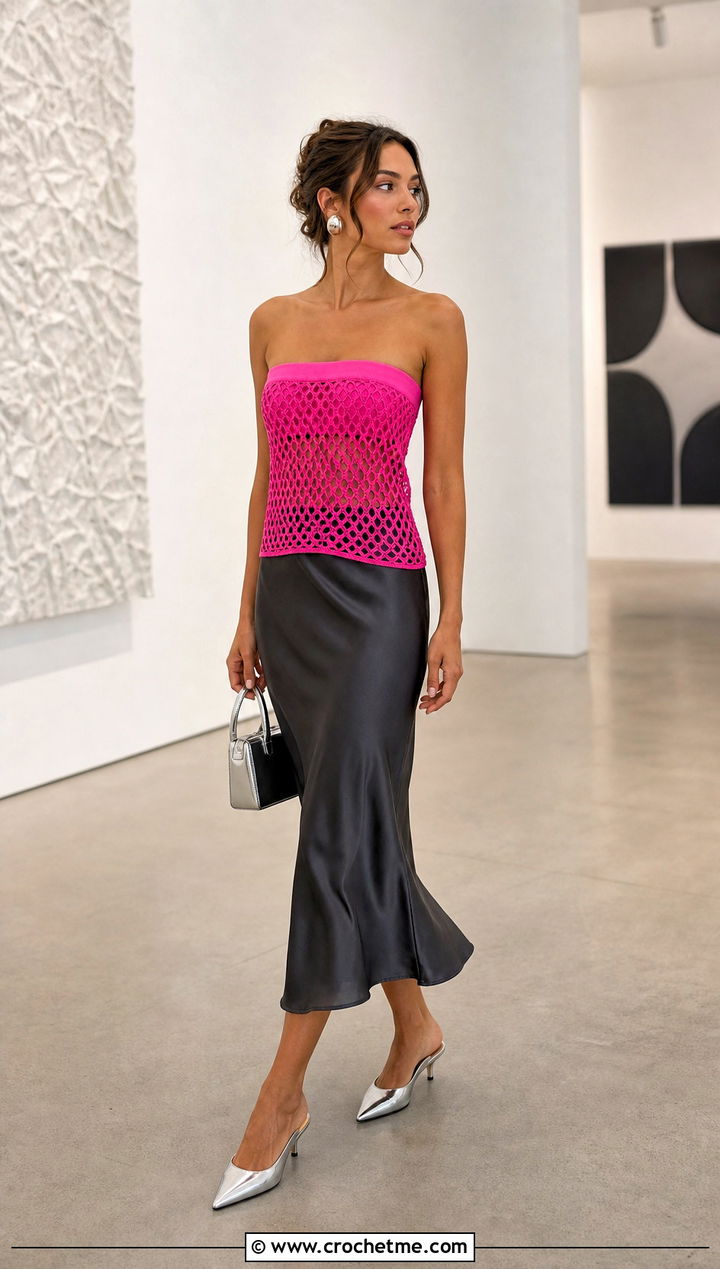 Mesh Crochet Tube Top With Satin Midi Skirt - 25 Easy Crochet Tube Top outfit ideas