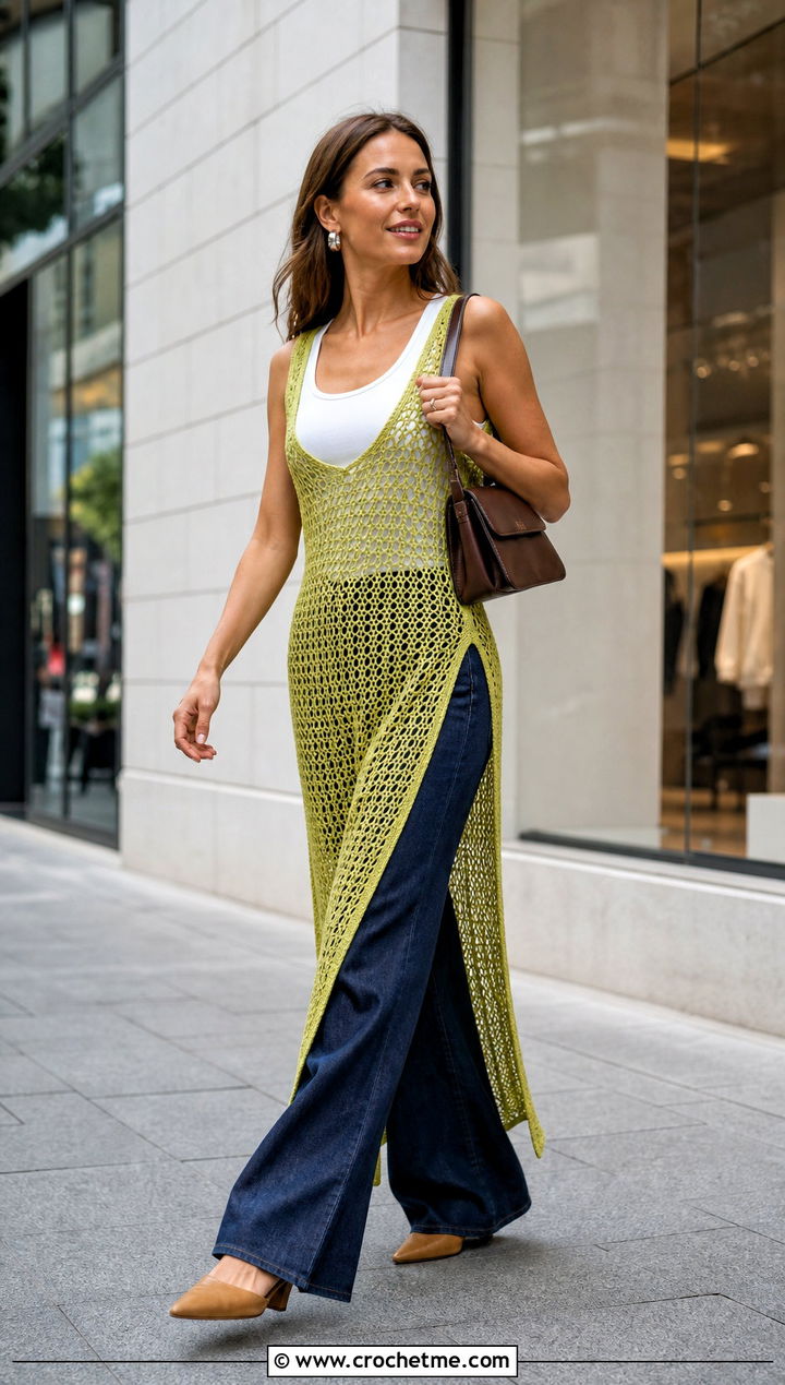 Mesh Crochet Tunic Dress With Wide Leg Jeans - 30 mesh crochet dress outfit ideas