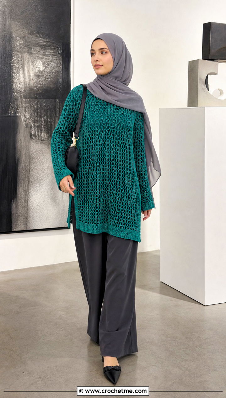 Mesh Crochet Tunic With Wide Leg Trousers - 20 crochet top hijabi outfit ideas
