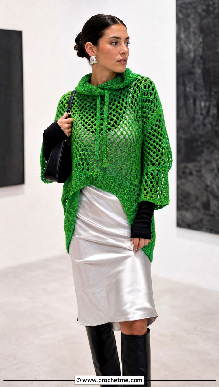 Mesh Crochet Turtle Neck Hoodie With Satin Slip Dress - 30 crochet turtle neck hoodie outfit ideas