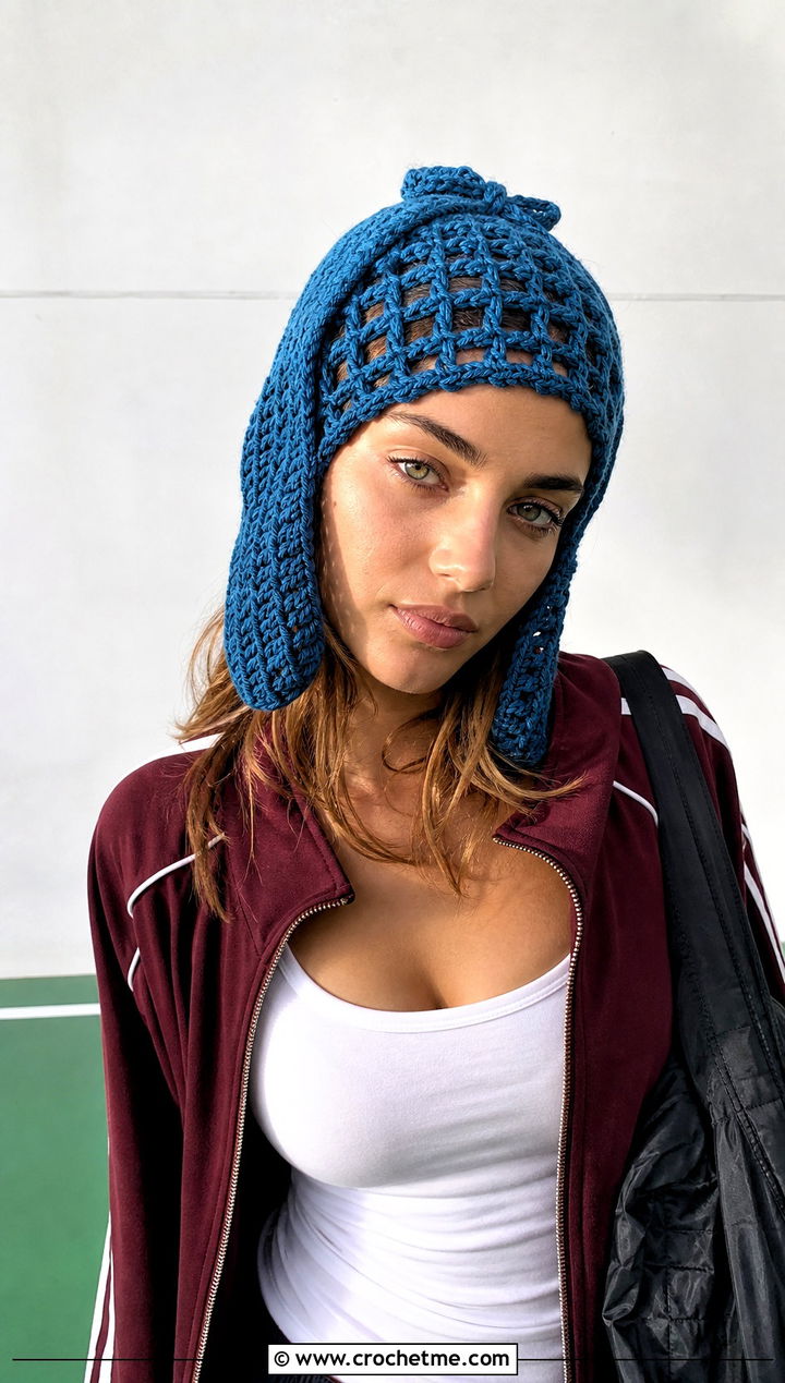 Mesh Crochet Ushanka Hat With Track Jacket - 30 crochet ushanka hat outfit ideas