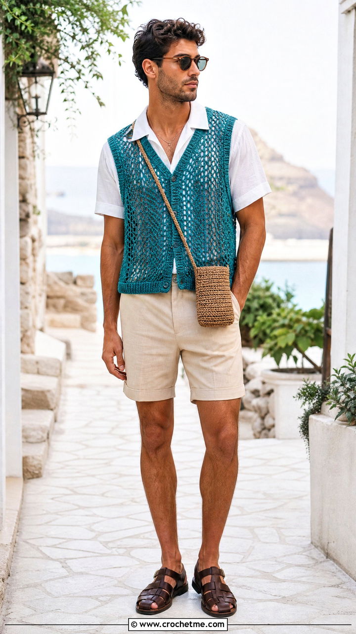 Mesh Crochet Vest With Camp Collar Shirt And Shorts - 35 crochet vest for men outfit ideas