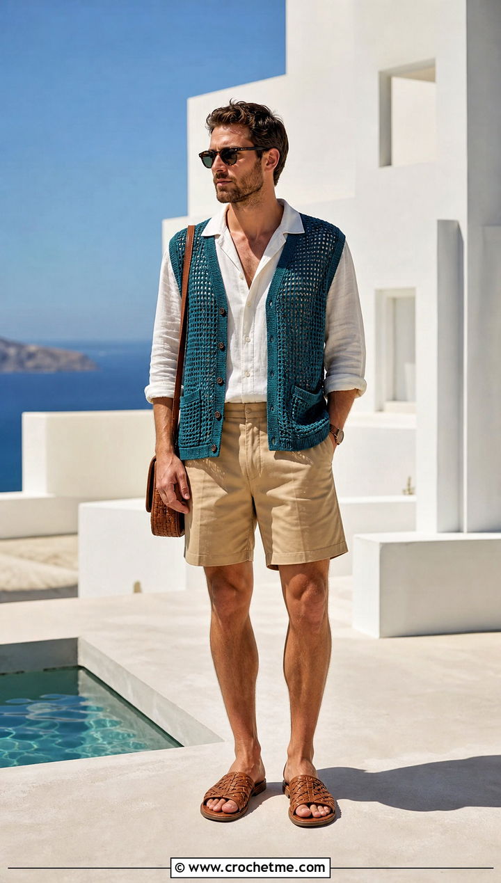 Mesh Crochet Vest With Camp Collar Shirt And Shorts - 30 mens crochet vest outfit ideas