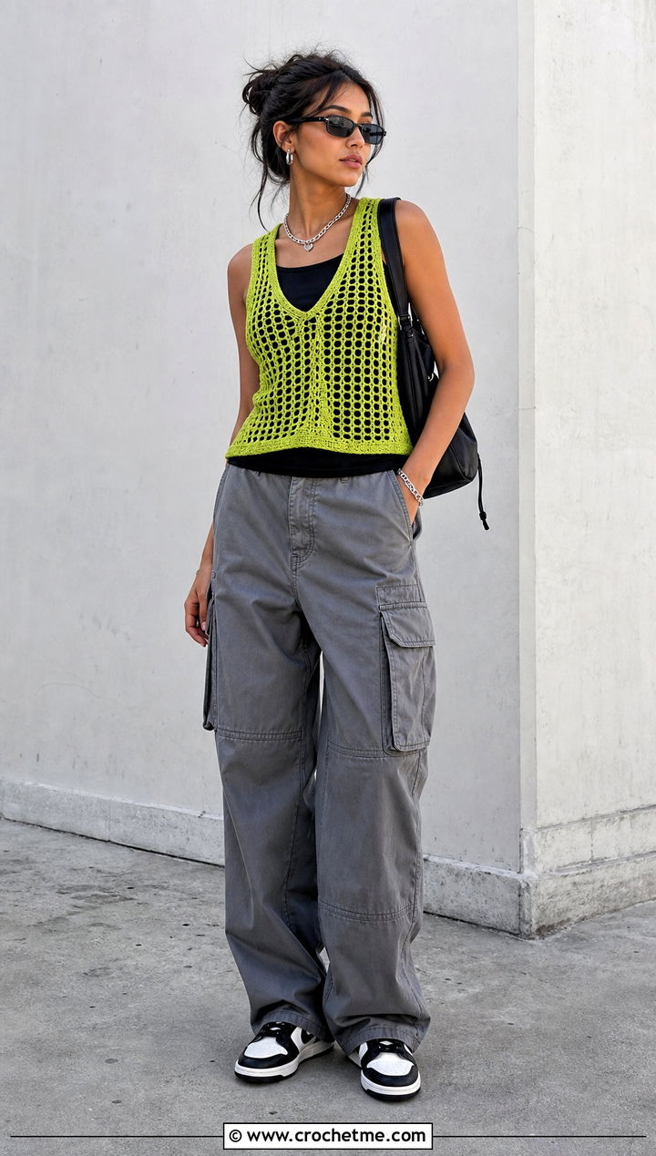 Mesh Crochet Vest With Cargo Pants - 15 Crochet For Ladies Vests outfit ideas