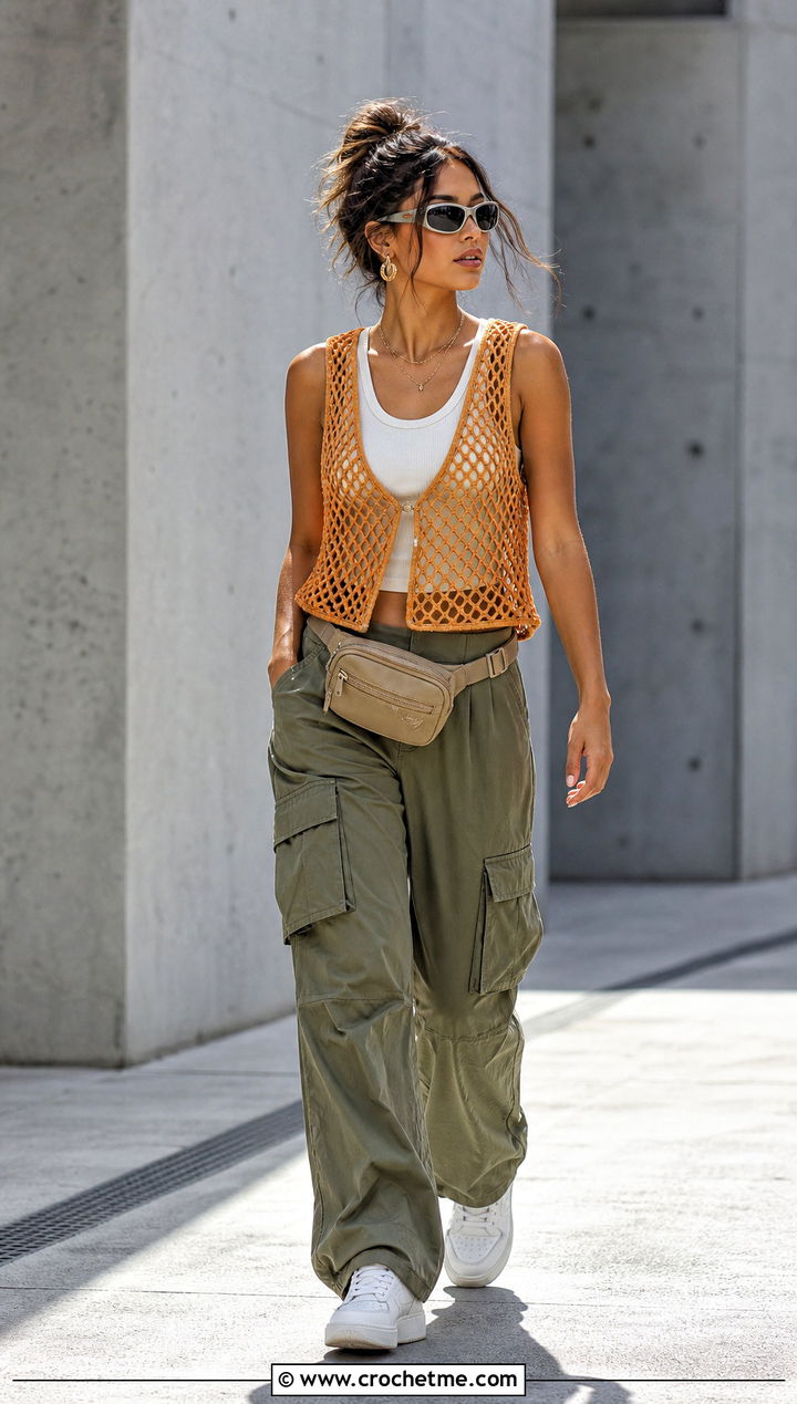 Mesh Crochet Vest With Cargo Pants - 35 crochet vest ideas