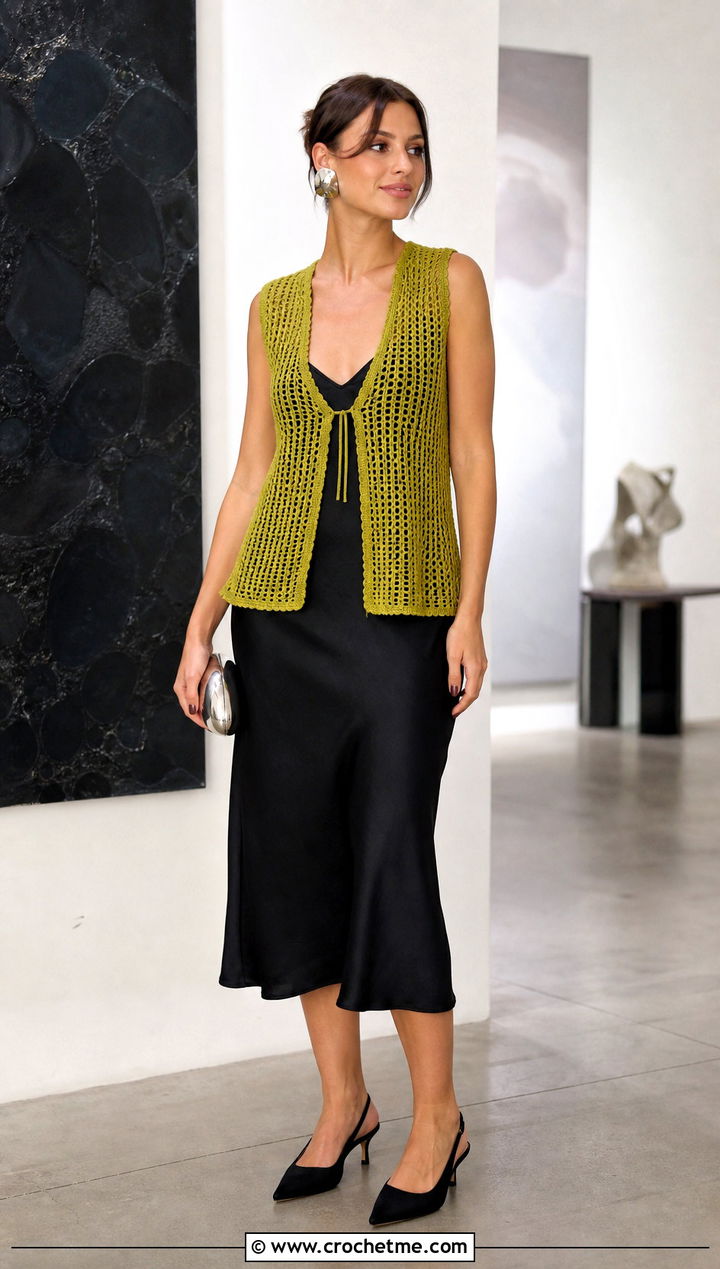 Mesh Crochet Vest With Satin Slip Dress - 15 green crochet vest design outfit ideas