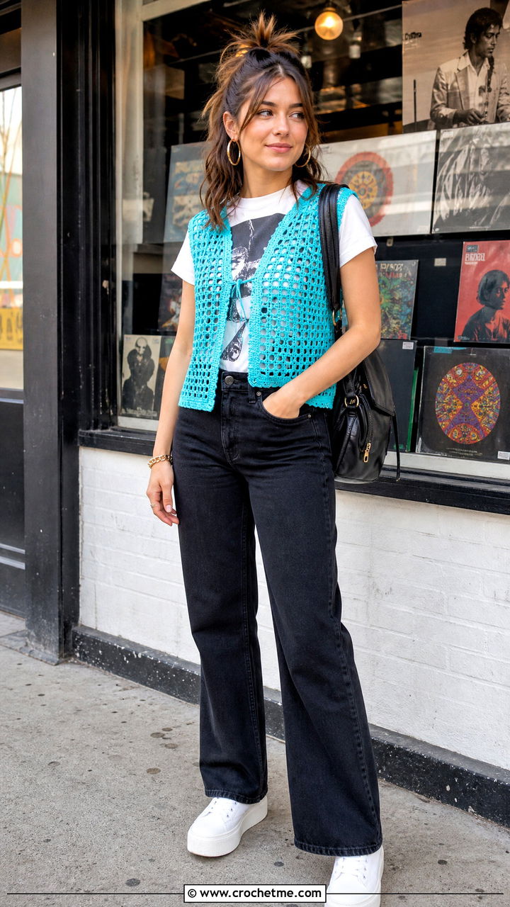 Mesh Crochet Vest With a Graphic Tee - 35 boho crochet vest outfit ideas