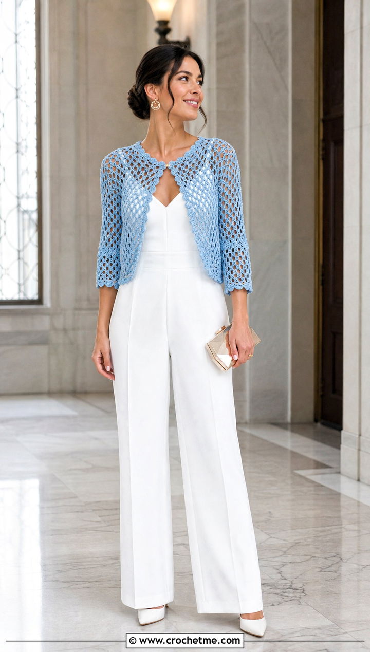 Mesh Crochet Wedding Bolero With Tailored Jumpsuit - 25 Crochet Wedding Bolero outfit ideas
