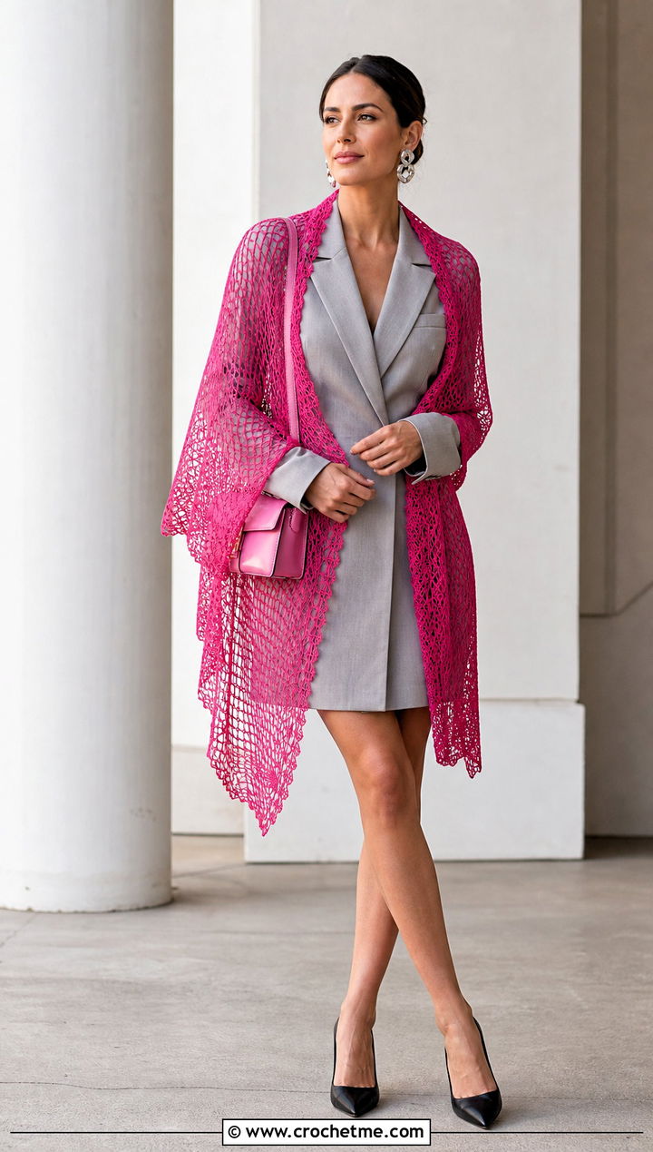 Mesh Crochet Wedding Shawl With Blazer Dress - 35 crochet wedding shawl outfit ideas