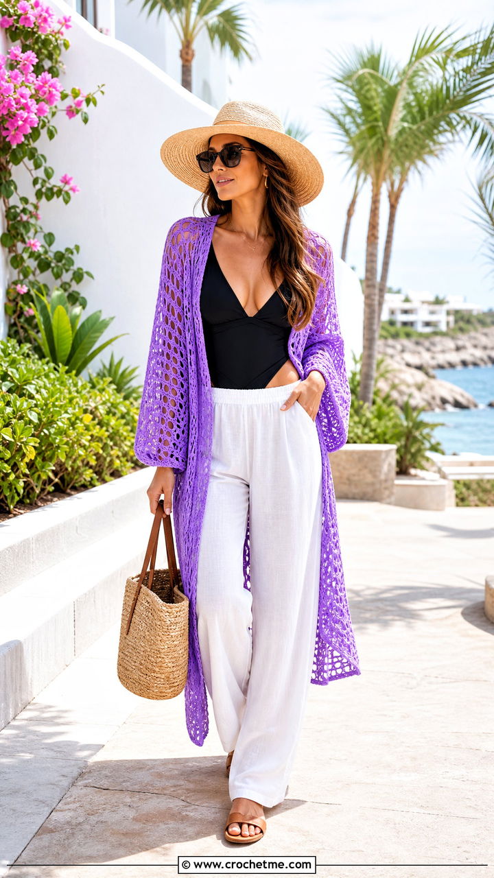 Mesh Crochet Wrap With Swimsuit And Linen Pants - 35 crochet wrap outfit ideas