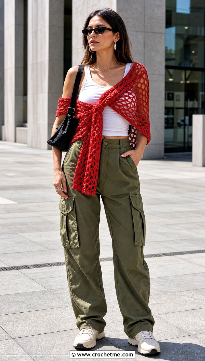 Mesh Crochet Wrap With Tank Top And Cargo Pants - 15 Crochet Spring Wrap outfit ideas