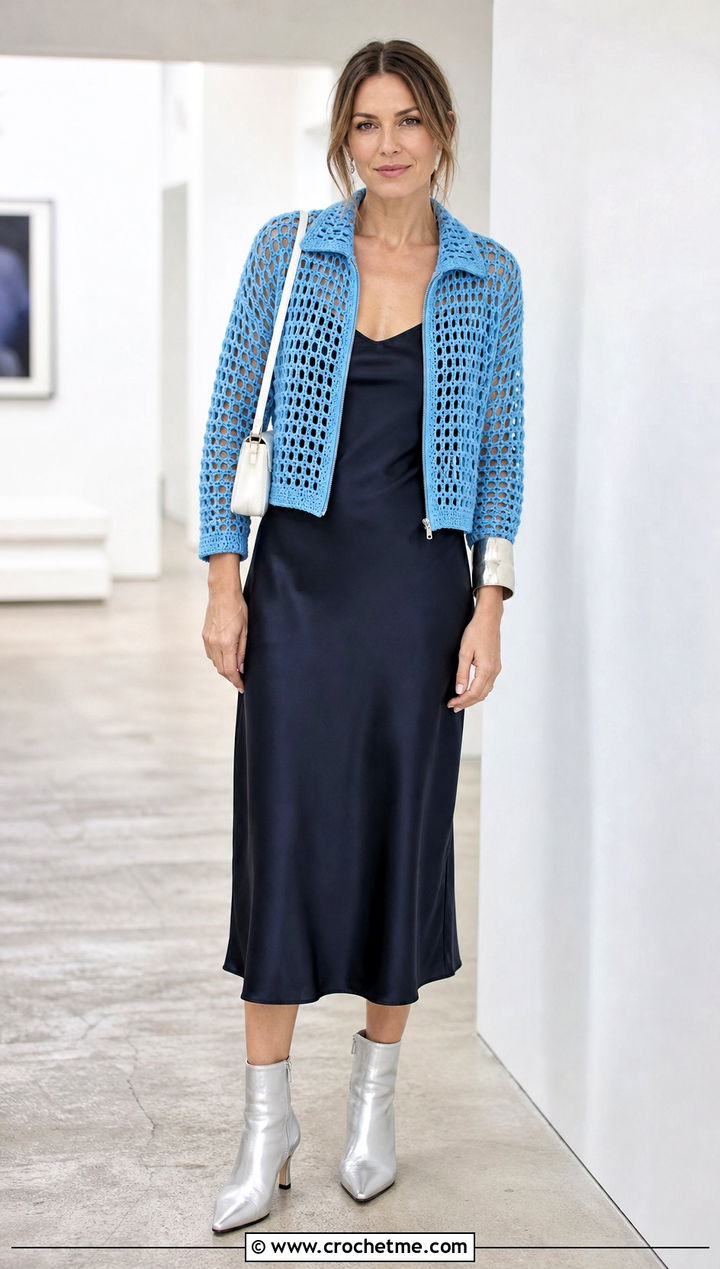 Mesh Crochet Zip Jacket With Slip Dress - 25 crochet jacket with zipper outfit ideas