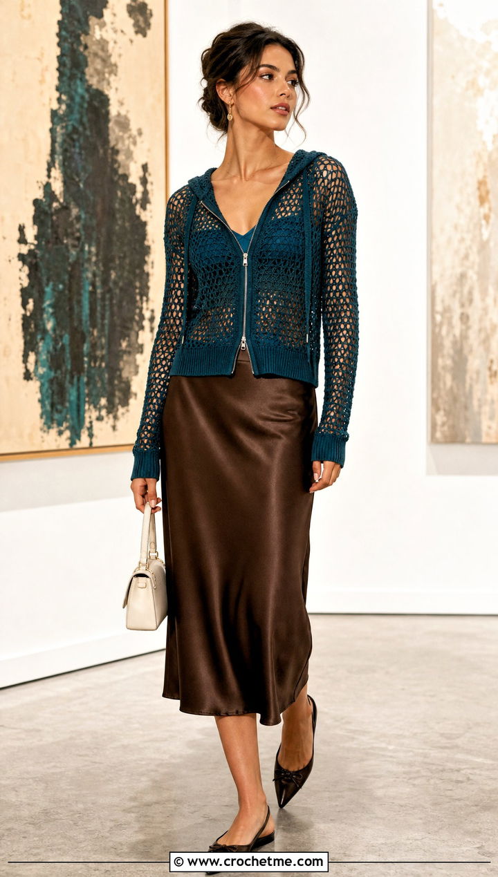 Mesh Crochet Zip Up Hoodie With Satin Midi Skirt - 30 crochet zip up hoodie outfit ideas