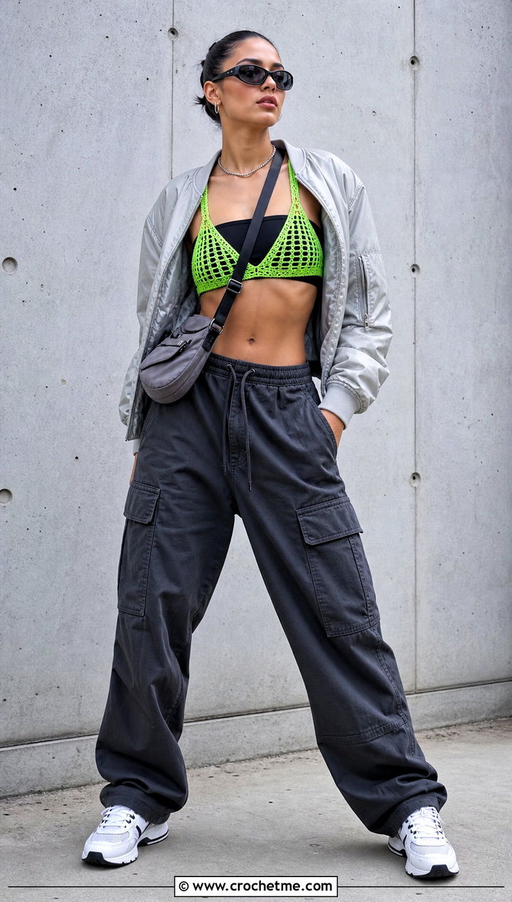 Mesh Crocheted Bralette With Cargo Pants And Bomber Jacket - 20 crocheted bralette outfit ideas