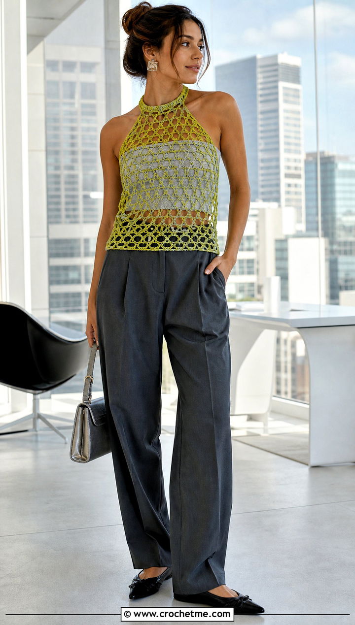 Mesh Crocheted Halter Top With Tailored Trousers - 30 crocheted halter tops outfit ideas