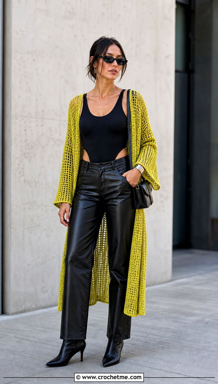 Mesh Crocheted Kimono With Leather Pants - 25 Crocheted Kimono outfit ideas