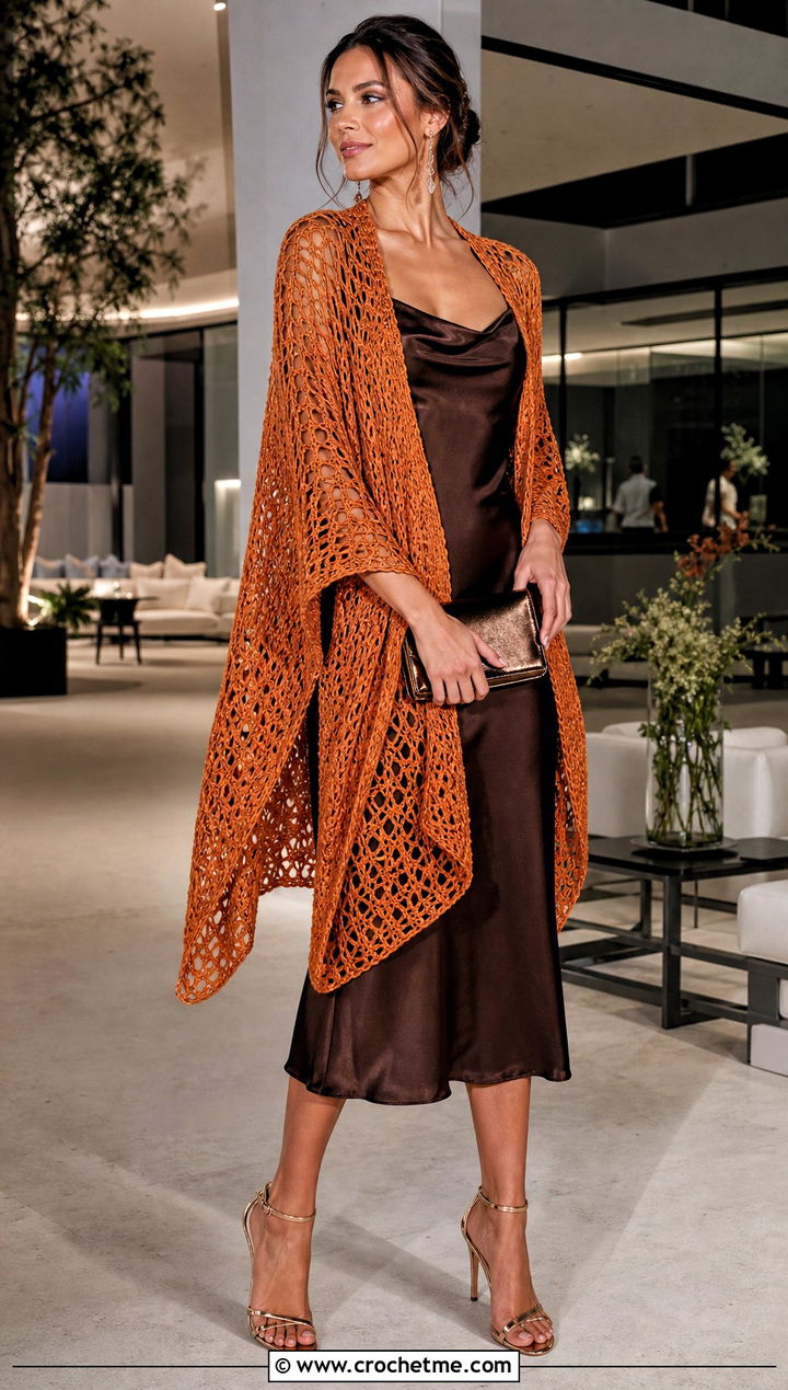 Mesh Crocheted Ruana With Satin Slip Dress - 20 Crocheted Ruana outfit ideas