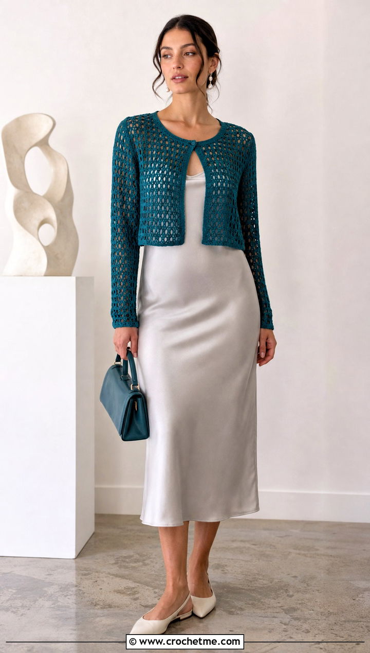 Mesh Cropped Crochet Cardigan With Slip Dress - 35 cropped crochet cardigan outfit ideas