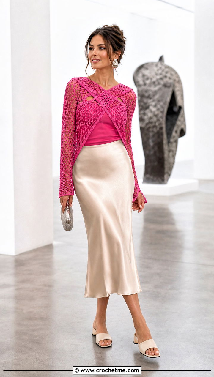 Mesh Cross Front Crochet Top With Satin Midi Skirt - 20 Crochet Cross Top outfit ideas