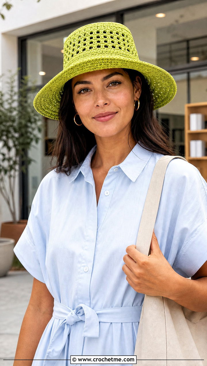 Mesh Crown Crochet Sun Hat With Shirt Dress - 25 Easy Crochet Sun Hat outfit ideas