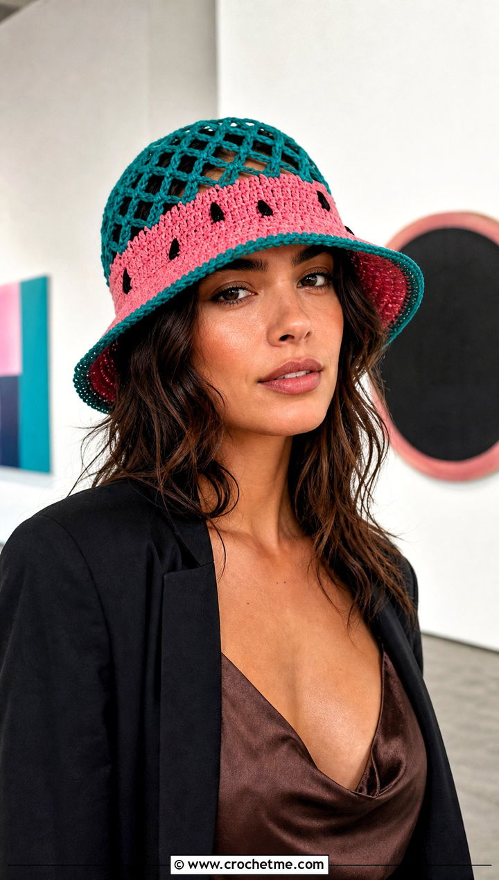 Mesh Crown Crochet Watermelon Bucket Hat With Slip Dress - 30 crochet watermelon bucket hat outfit ideas