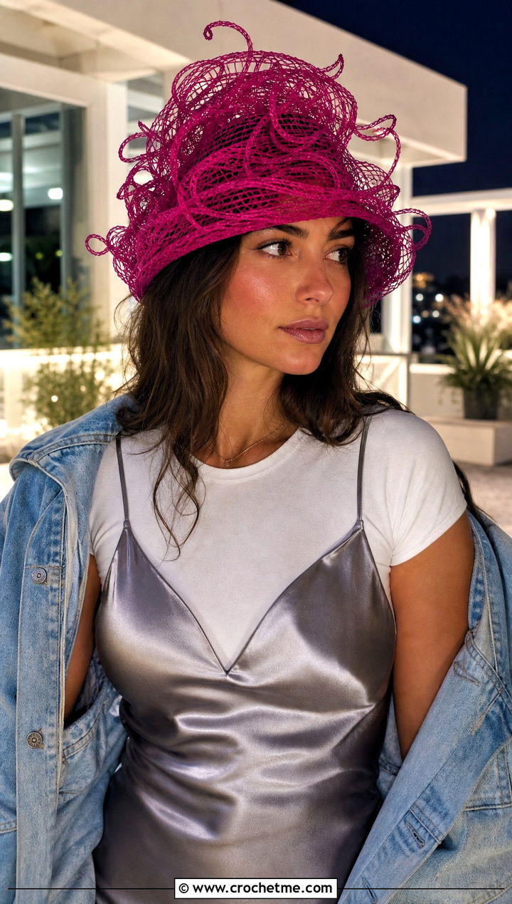 Mesh Curly Cue Hat With Satin Slip Dress - 25 Crochet Curly Cue Hat outfit ideas