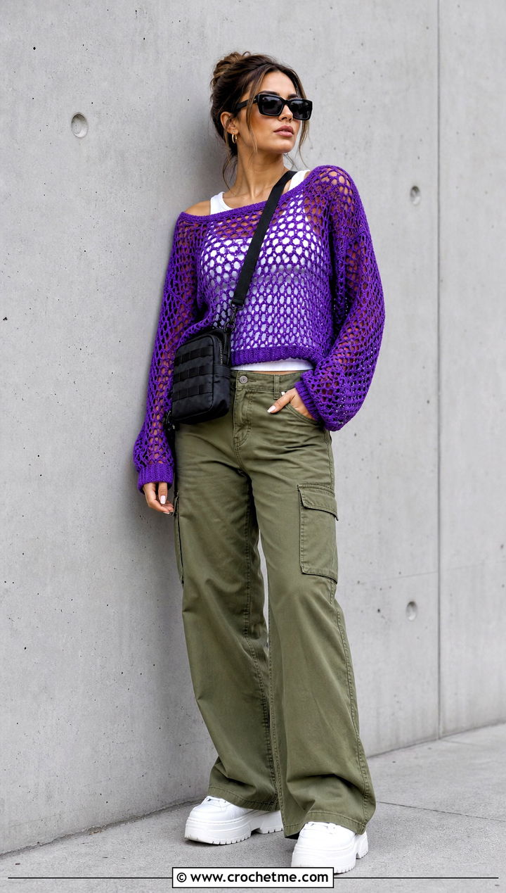 Mesh DK Weight Crochet Sweater With Cargo Pants - 25 Dk Weight Crochet Sweater outfit ideas