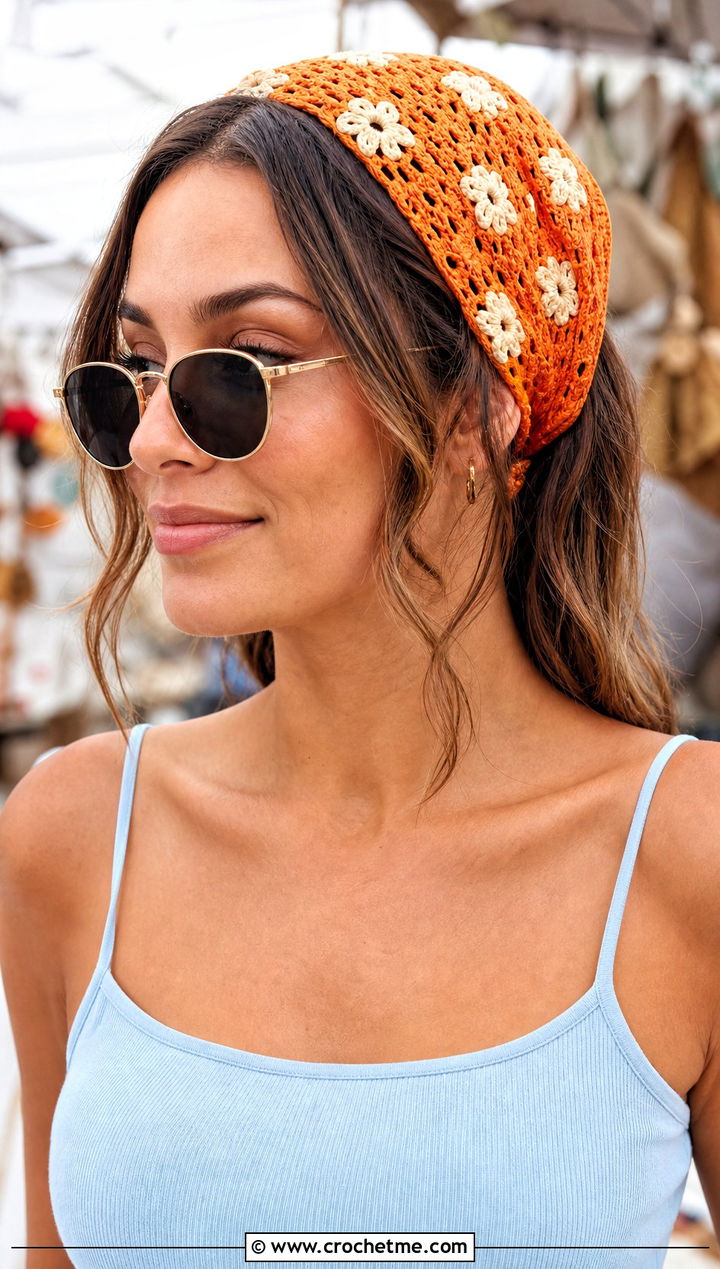 Mesh Daisy Bandana Headband With Linen Pants - 15 daisy flower crochet headband outfit ideas