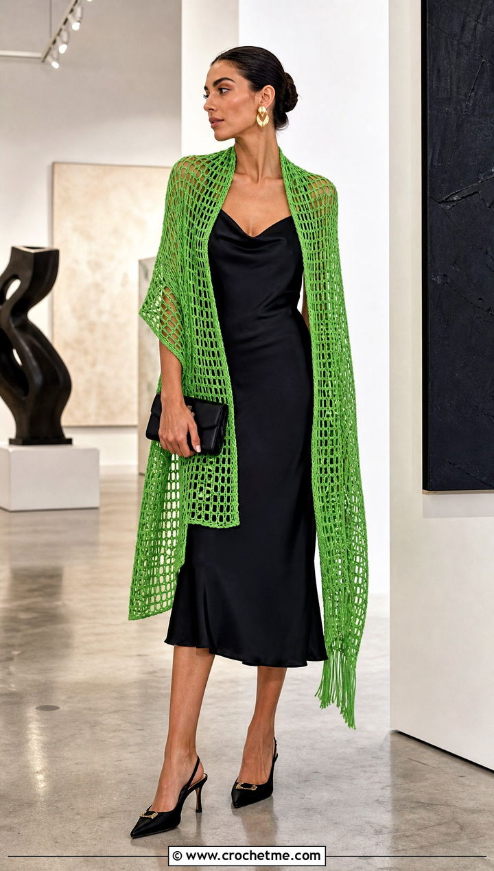 Mesh Double Crochet Scarf With Satin Slip Dress - 35 double crochet scarf outfit ideas