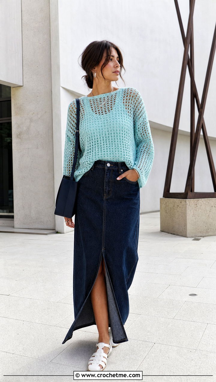 Mesh Double Crochet Sweater With Denim Maxi Skirt - 35 double crochet sweater outfit ideas