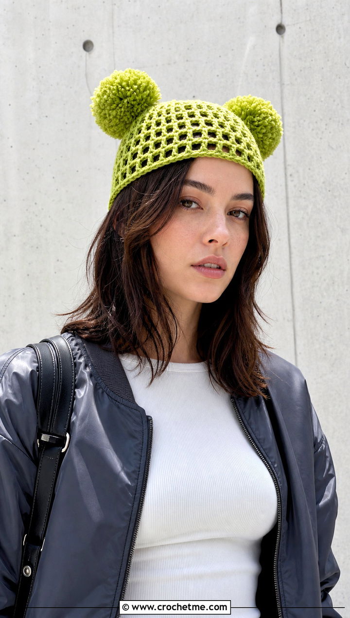 Mesh Double Pompom Crochet Hat With Bomber Jacket - 25 Double Pompom Crochet Hat outfit ideas