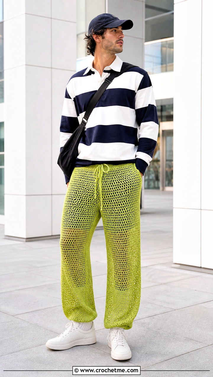Mesh Drawstring Crochet Pants With Rugby Shirt - 35 crochet pants men outfit ideas