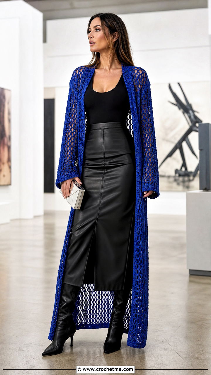 Mesh Duster Crochet Cardigan With Leather Midi Skirt - 35 simple crochet cardigan outfit ideas