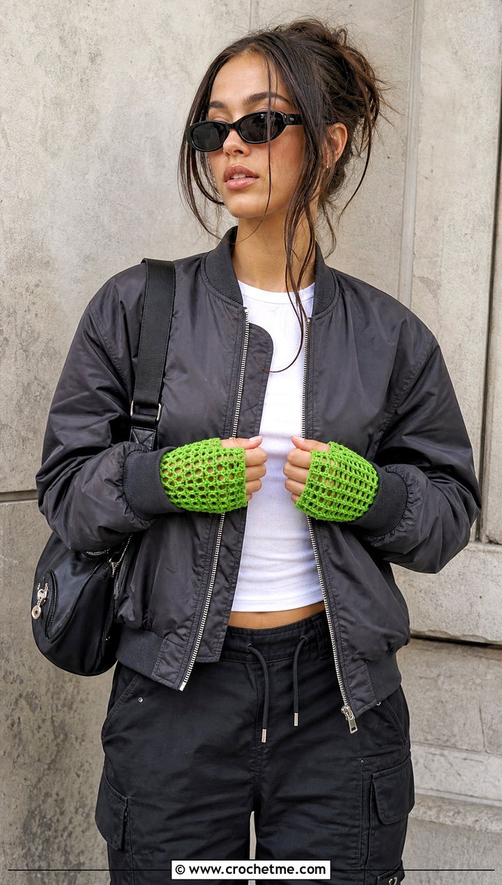Mesh Fingerless Crochet Gloves With A Bomber Jacket - 25 Vintage Crochet Gloves outfit ideas