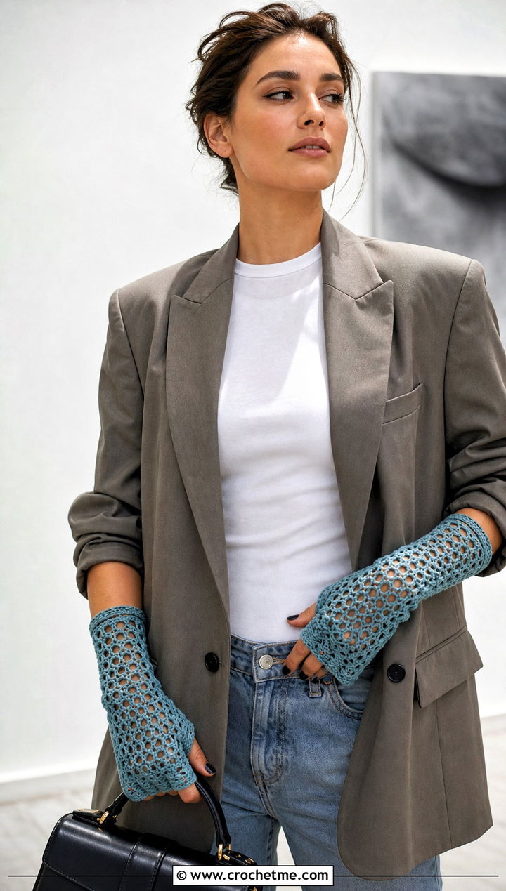 Mesh Fingerless Crochet Gloves With Oversized Blazer - 30 fingerless crochet gloves outfit ideas